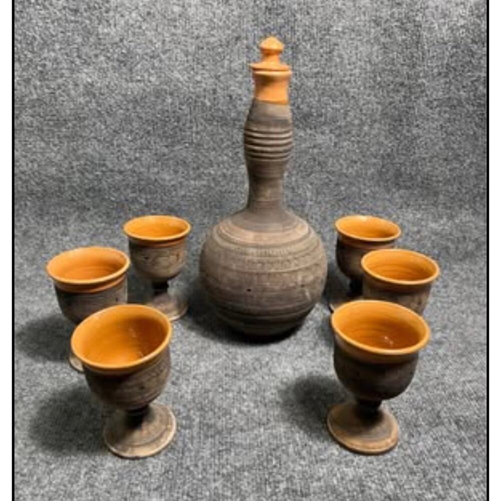 Vintage Handmade 8 Piece Decanter Set Savvas Pottery Pathos Cyprus Brown Floral